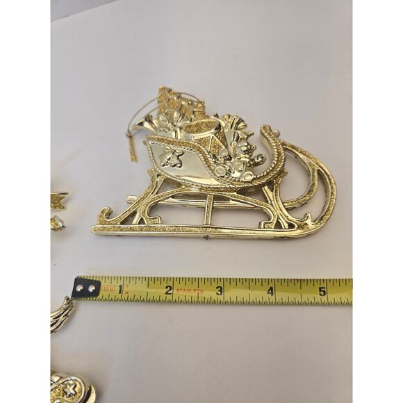 Vintage Gold Holiday Ornaments Set 4 Pc Reindeer Sleigh Horse Snowman ~5" - Picture 2 of 5